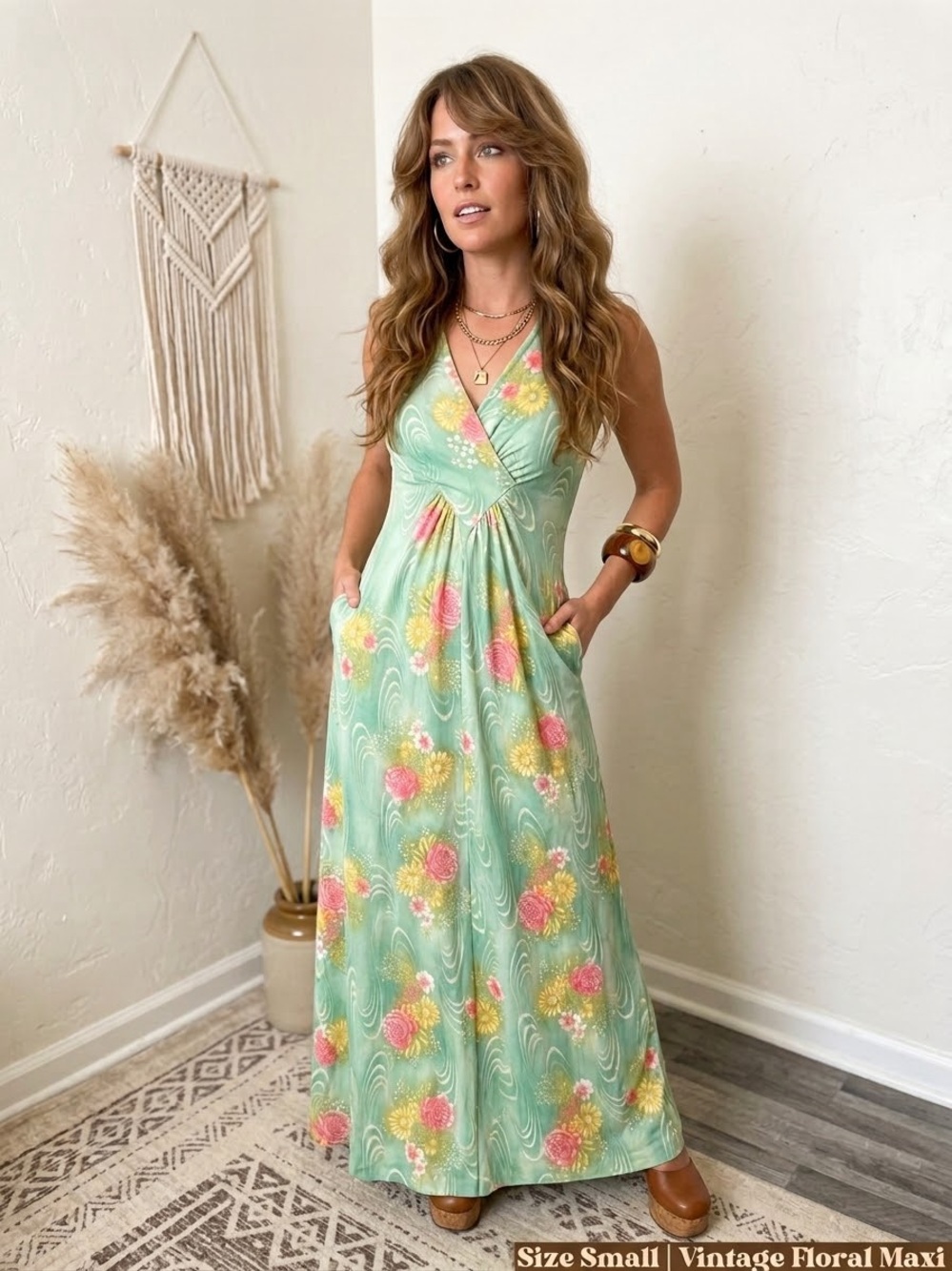 Vintage 70s Floral Maxi Dress in Mint Green